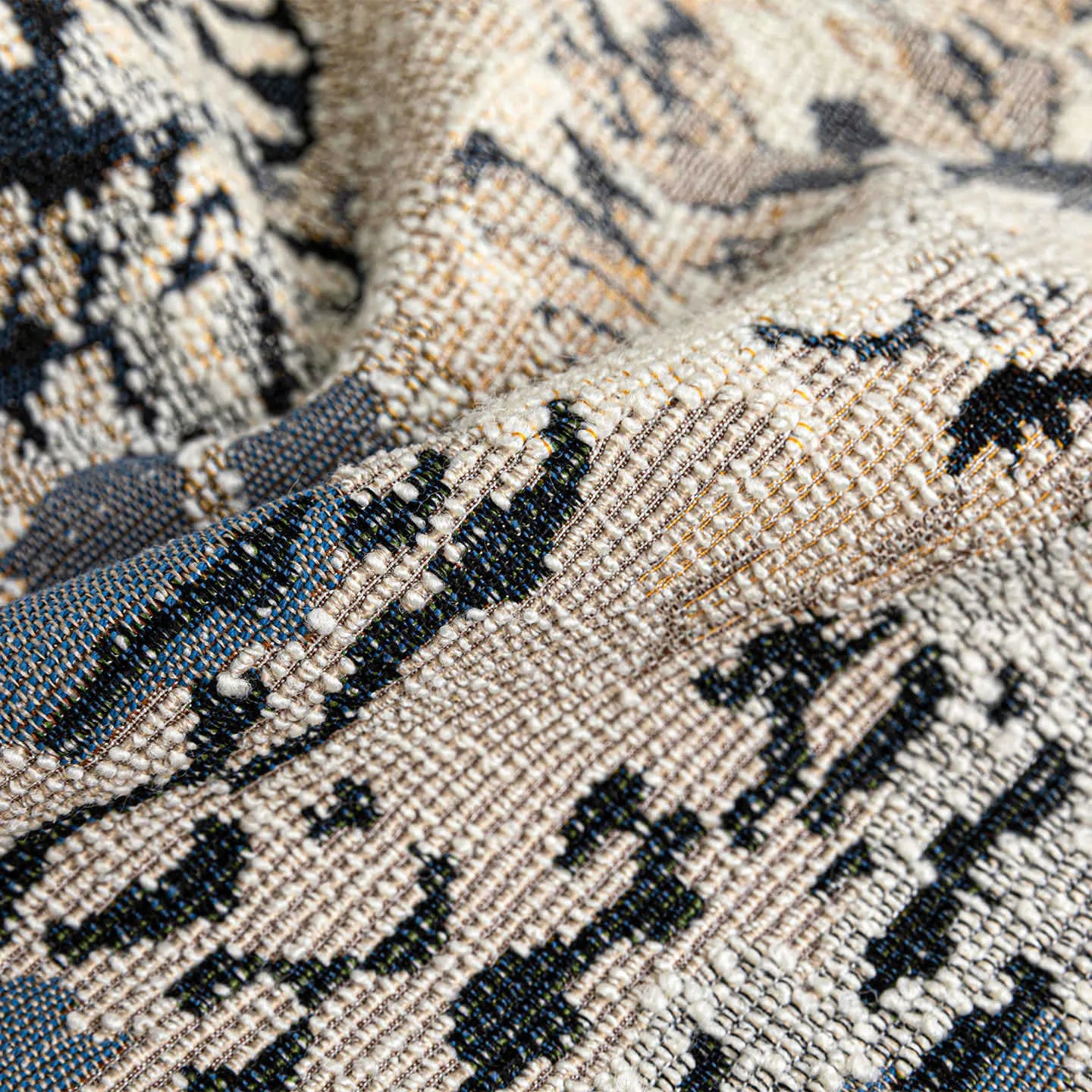 Chinese style decorative pillow cover with blue antique French floral pattern on wool blend fabric.