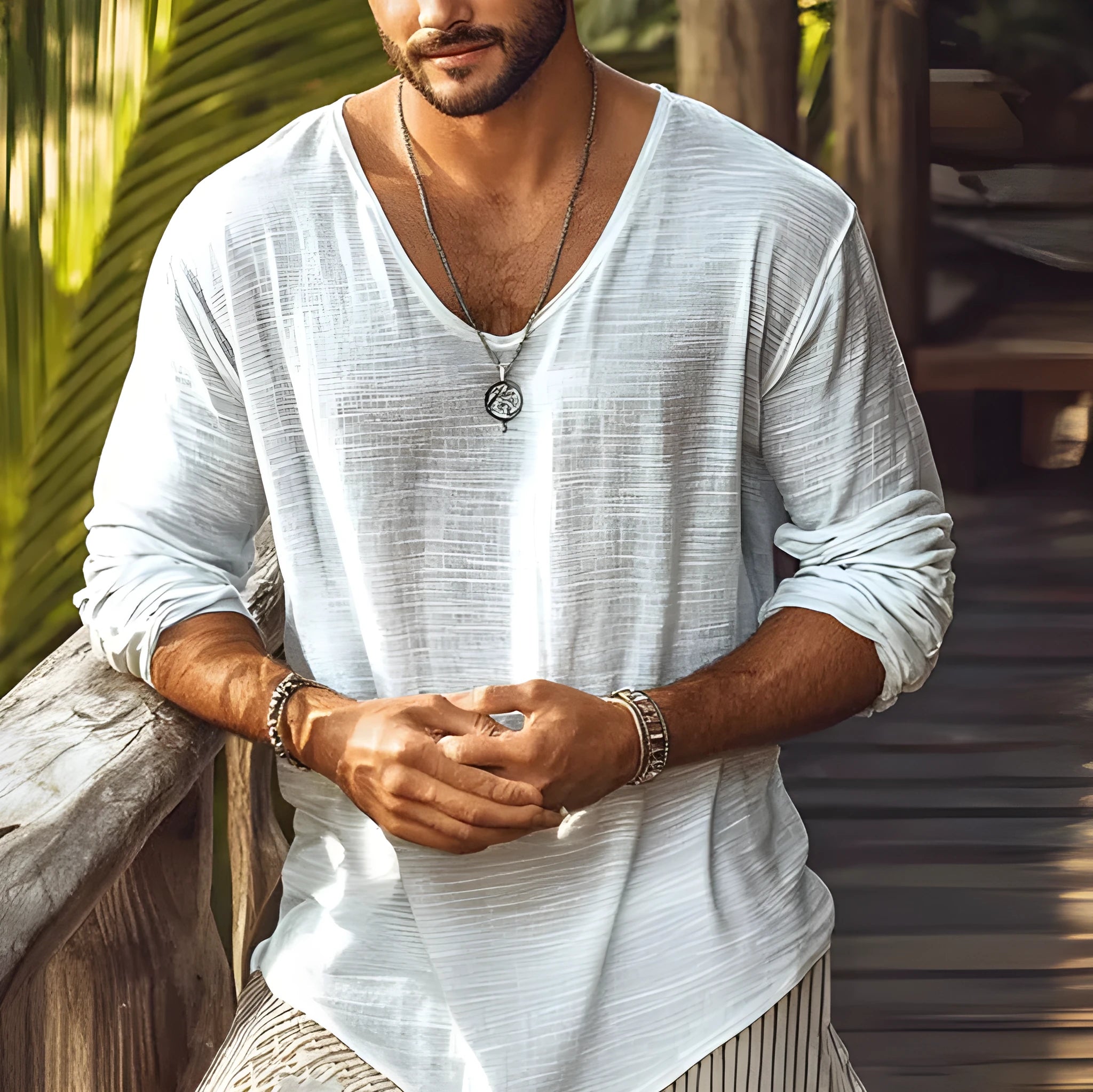 Beige V-neck long-sleeved slim fit top made from hemp blend polyester fabric