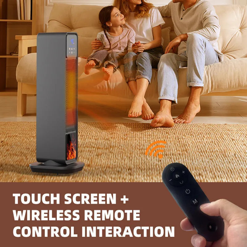 Black home standing electric heater with oscillating head, ceramic heating, and remote control on a floor