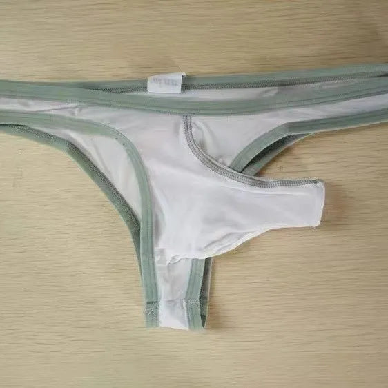 Men's ice silk briefs in army green colour showing elephant nose design on white background.