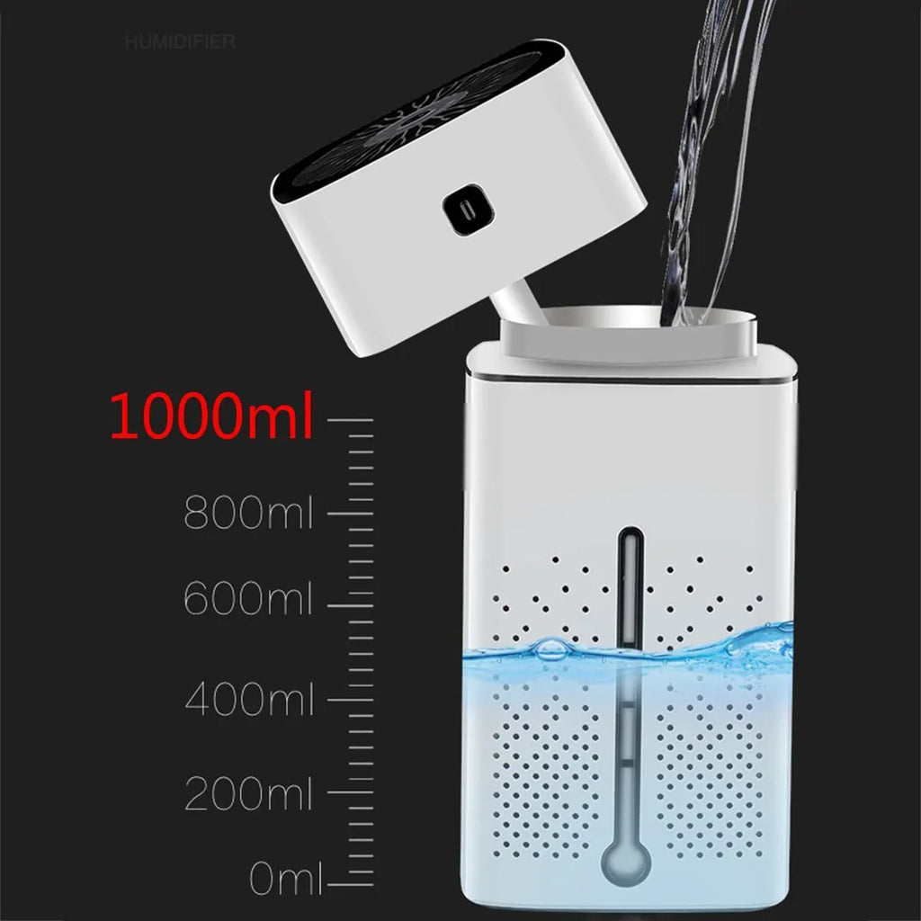 Black and white USB desktop humidifier with 1000ml capacity on desk