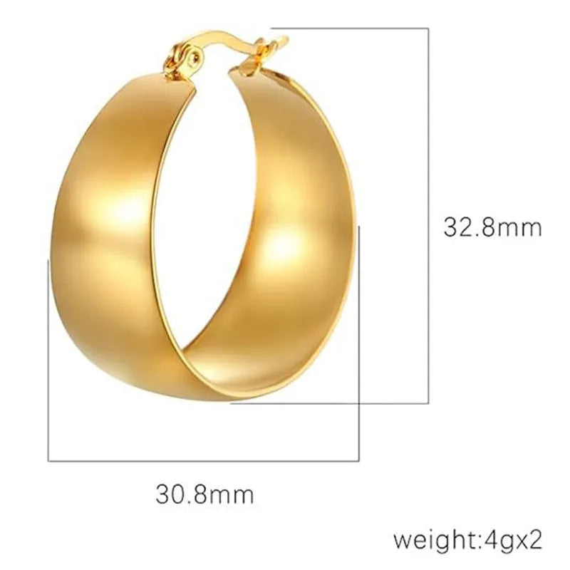 Widened curved stainless steel earrings in gold or steel colour with 25mm and 30mm size options