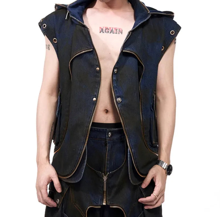 Blue Korean style hooded denim vest with matching trousers, zip-front closure, regular length cut