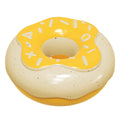 Chocolate, pink, and yellow donut-shaped dog chew toy with sound for dental cleaning.