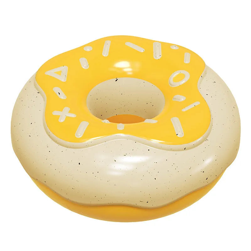 Chocolate, pink, and yellow donut-shaped dog chew toy with sound for dental cleaning.