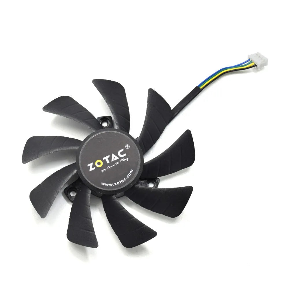 Black square 85mm computer cooling fan with four blades and a 4-pin power cable connector