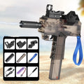 Transparent blue electric water gun toy with accessories on a white background.