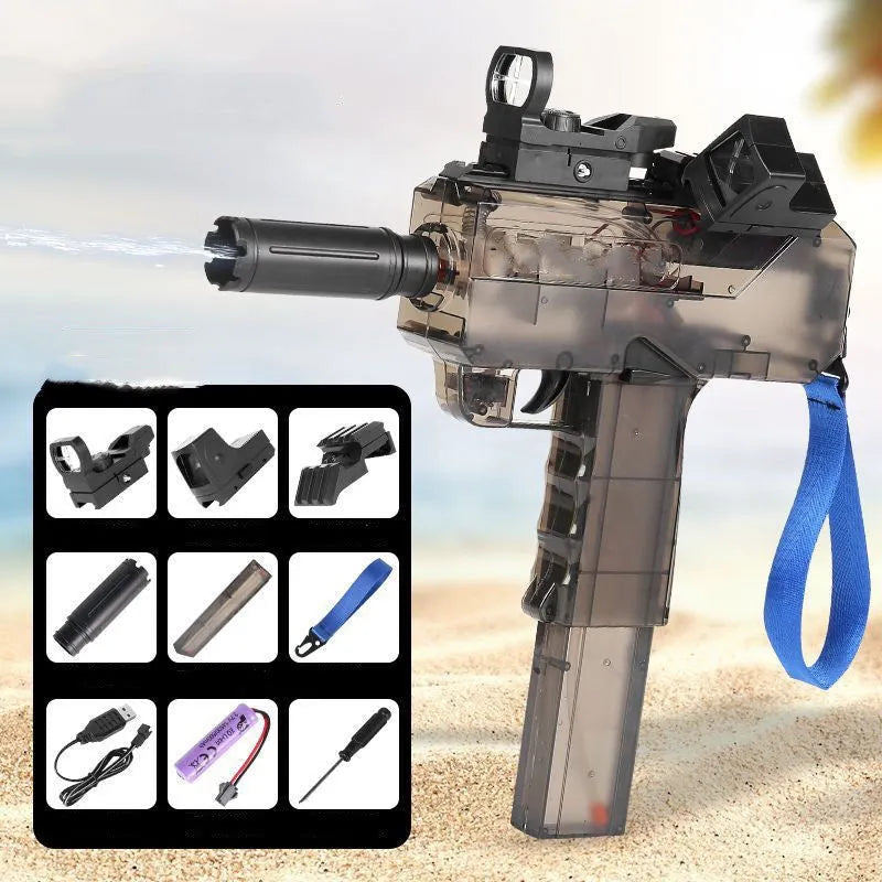 Transparent blue electric water gun toy with accessories on a white background.