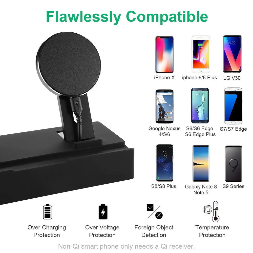 Black eight-in-one desktop charging station with five USB ports and a square wireless charging panel.
