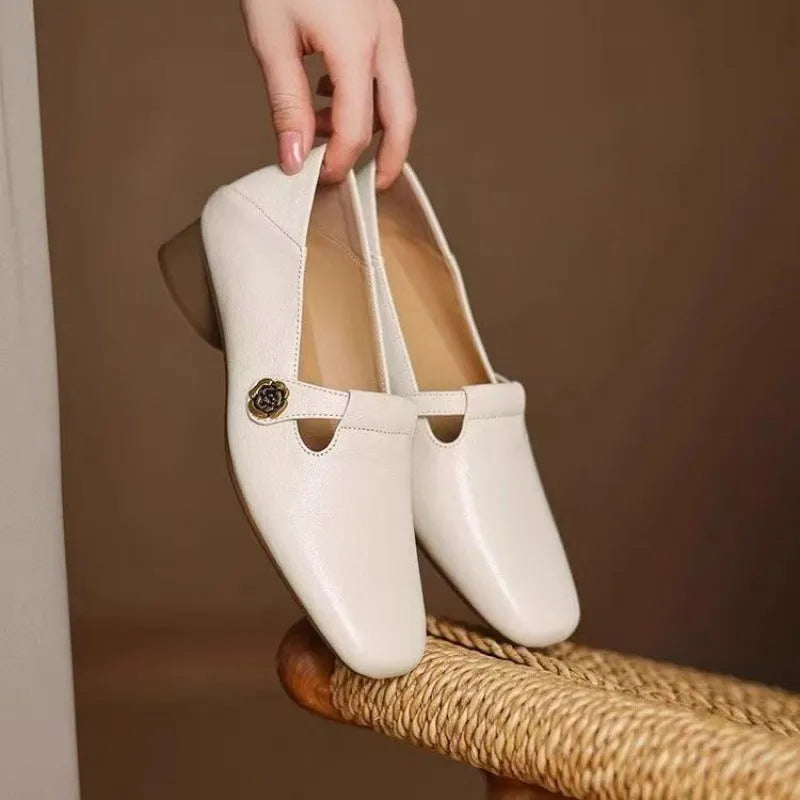 Retro square head genuine leather shallow mouth women shoes with buckle closure, mid heel, beige colour, sizes 35-40
