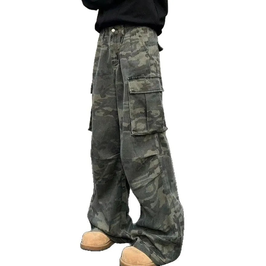 Korean style washed camouflage cargo trousers with multiple pockets on a mid-waist fit.
