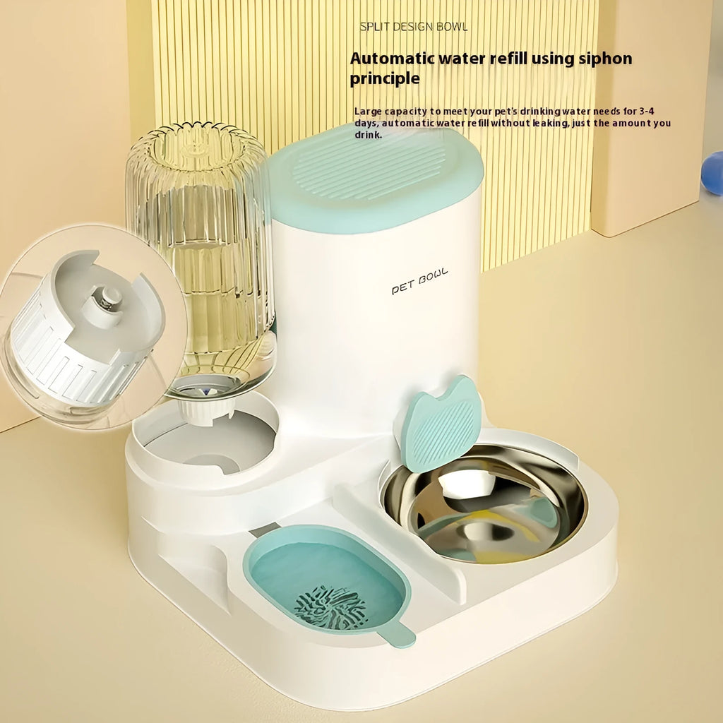 Automatic cat water fountain with integrated stainless steel double feeding bowl in avocado green colour