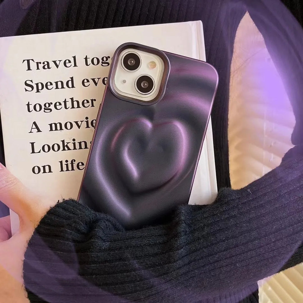 Solid colour TPU iPhone case with a raised 3D love design in bright purple.