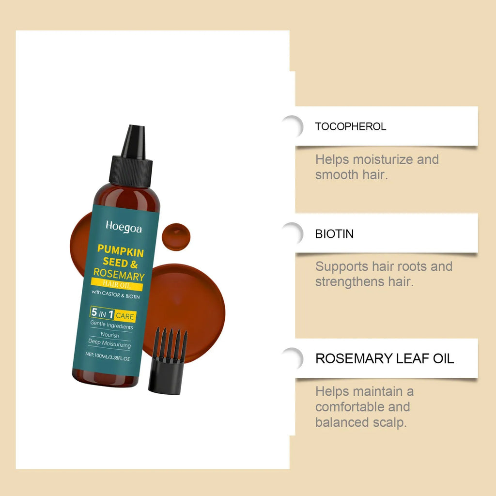 100 ml bottle of rosemary hair care essential oil with pointed applicator and hair comb on a white background.