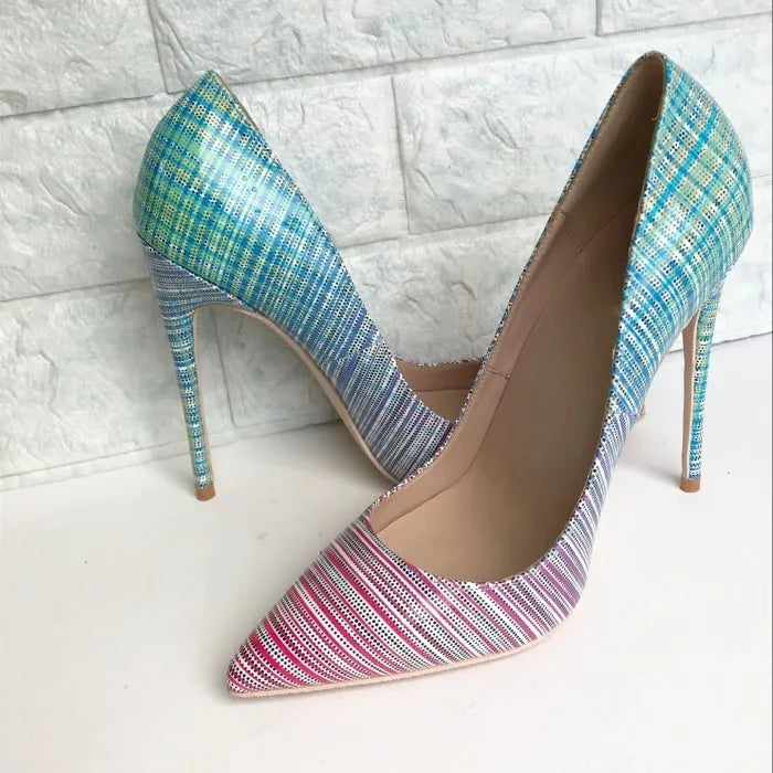 Pink-blue gradient patent leather women's high heels with pointed toe and super high heel
