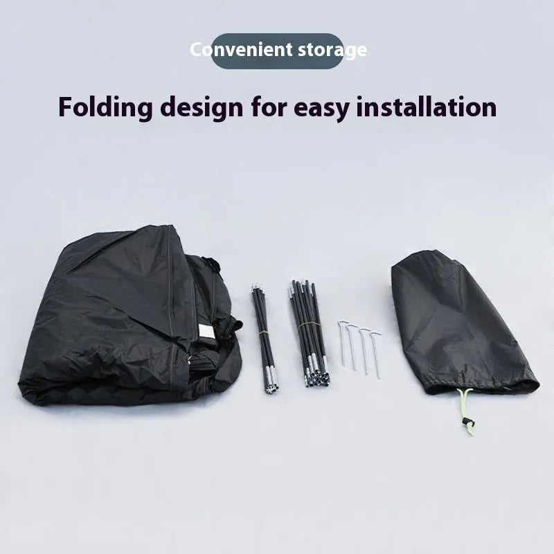 Large black outdoor bicycle storage tent with roof design, shown with dimensions 185x65x165cm.