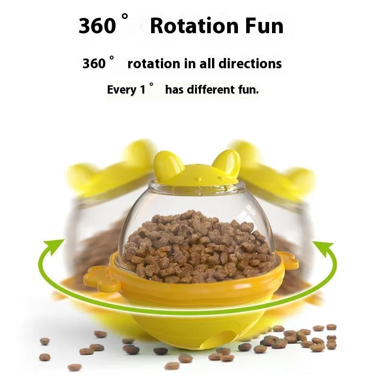 Yellow TPR pet food feeder tumbler toy for dogs measuring 11.2 x 13.9 x 12.2 cm