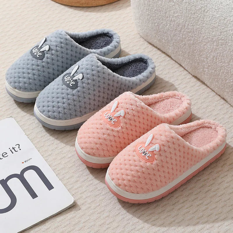 Women's rabbit plaid design plush house slippers with artificial fur upper and rubber non-slip soles