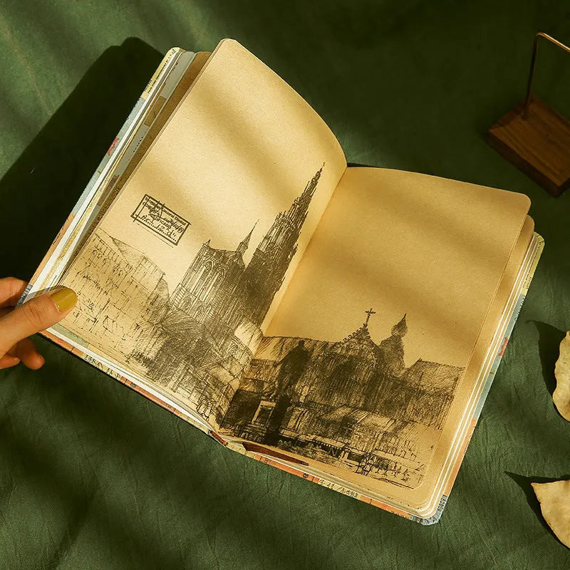A5 kraft paper notebook with illustrated colour pages in European retro style