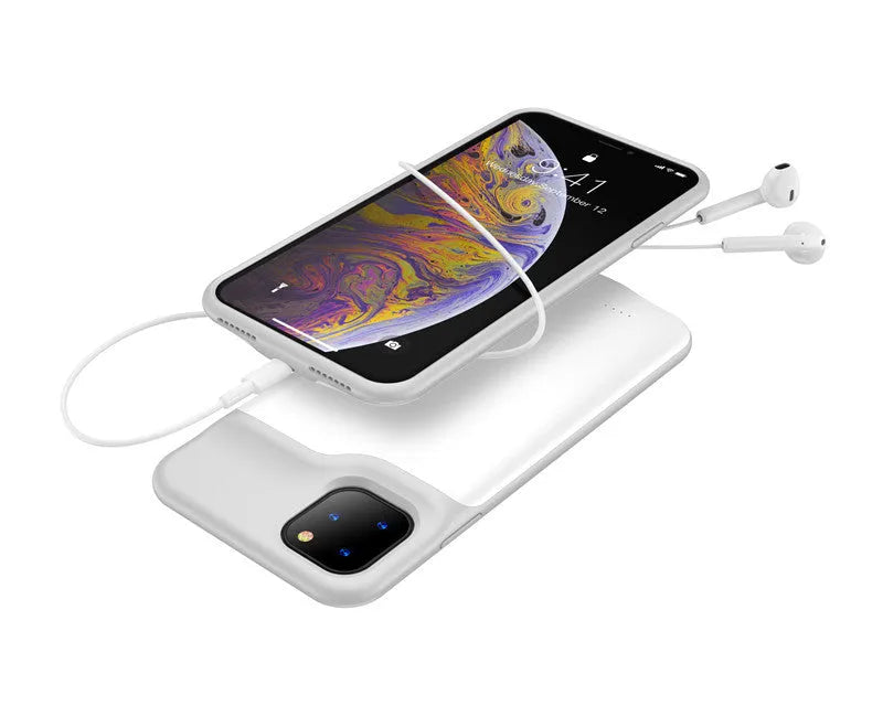 Shockproof silicone iPhone battery charger case in various colours showing extended battery capacity