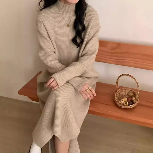 Acrylic half turtleneck knit dress in knee-length design with long sleeves