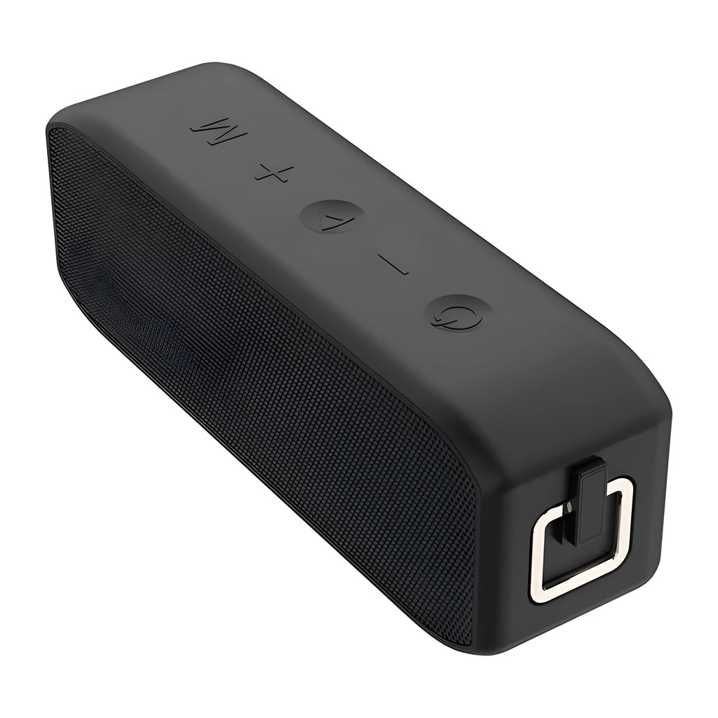 Black waterproof wireless Bluetooth speaker with 20W output power and 12-hour battery life