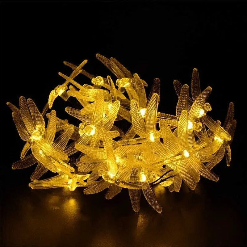 5m solar LED string lights with 30 warm white bulbs and ground-spike solar panel for outdoor garden use