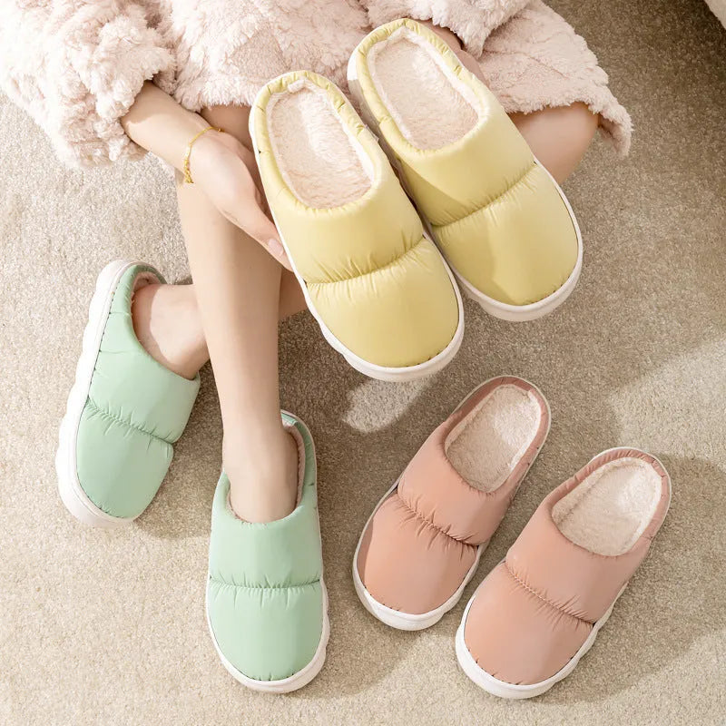 Down cotton slippers with artificial leather upper and rubber sole in blue colour