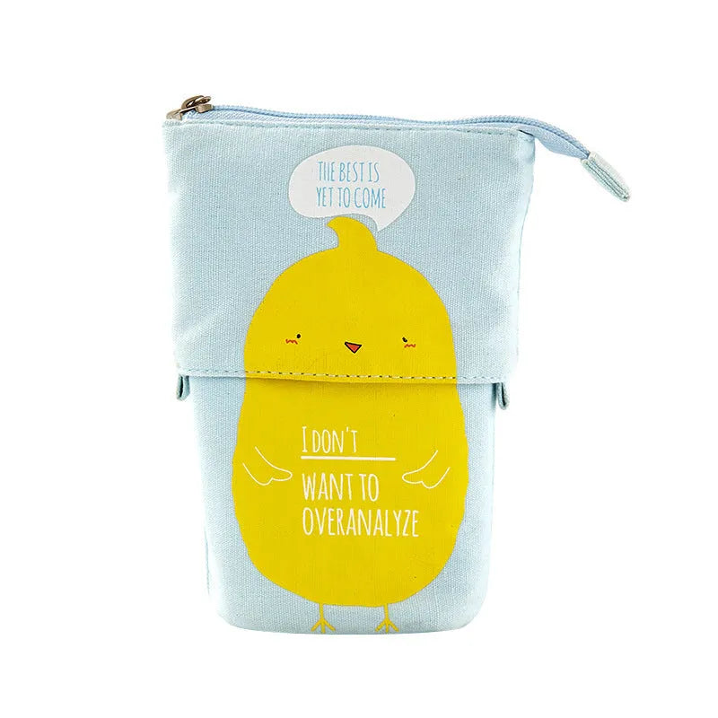 Round Korean-style canvas pencil case with cartoon animal prints measuring 19x7.5x12.5cm