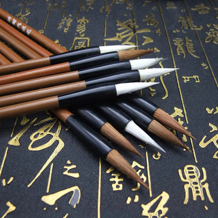 The Cloud Brushes calligraphy brush set with solid wood or bamboo handles in three sizes S M L brown white