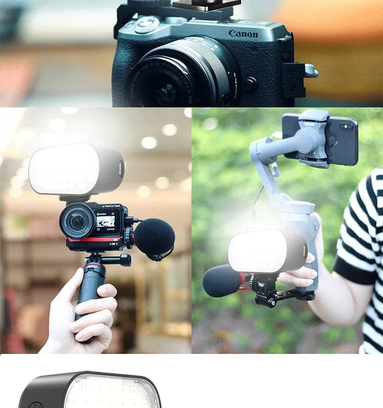 Black ST-30 handheld mobile phone fill light unit with diffuser and colour palettes.