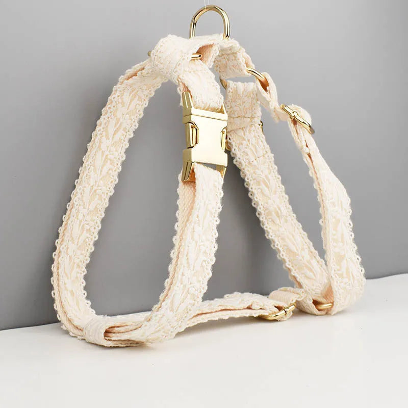 Pet wedding accessories set showing lace vest, floral collar, and adjustable leash for dogs