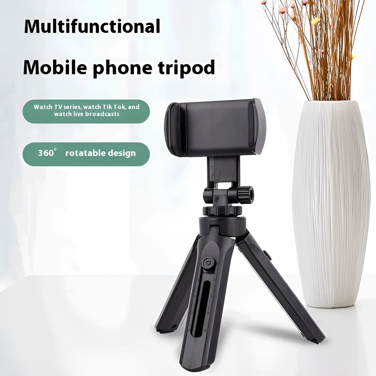Black plastic desktop tripod phone holder with universal bracket for Xiaomi Apple Huawei smartphones