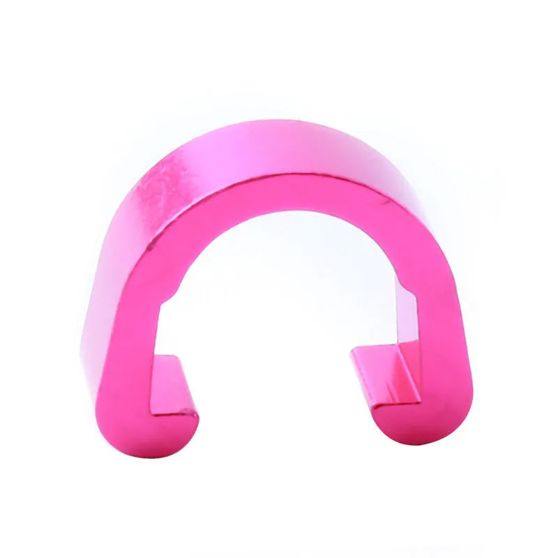 Ten small aluminium C-shaped buckles in assorted colours including black, blue, gold, and red.