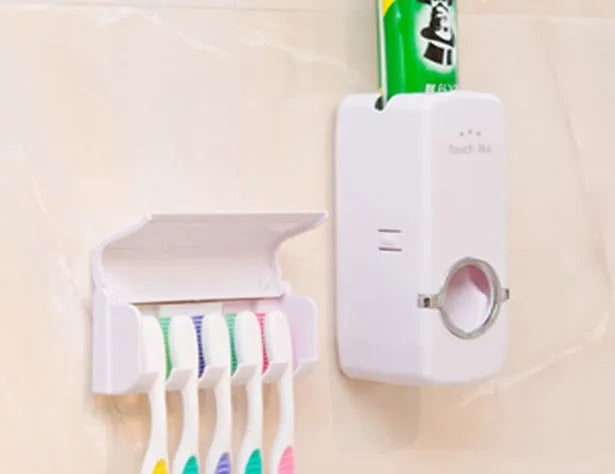 White bathroom toothbrush holder set with plastic and silicone construction for smooth wall surfaces