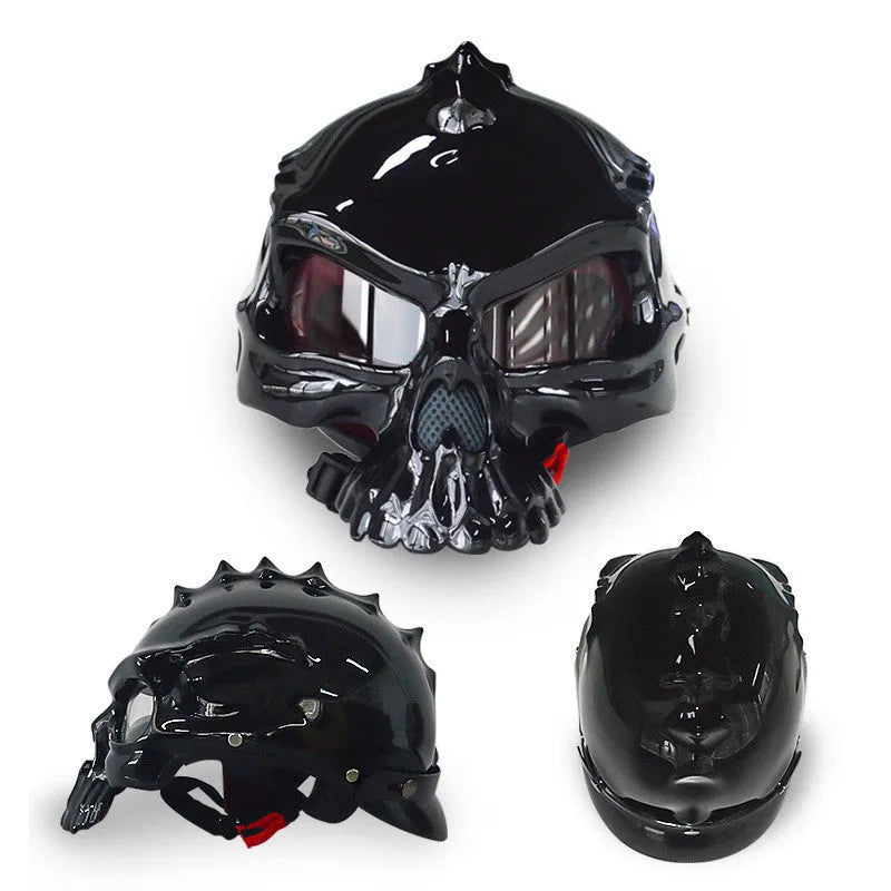 Motorcycle helmet with removable double-sided skull artwork panels in various colour options