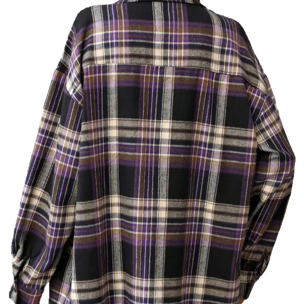 Women's loose fit retro plaid shirt in cotton, available in black, green, and purple with long sleeves