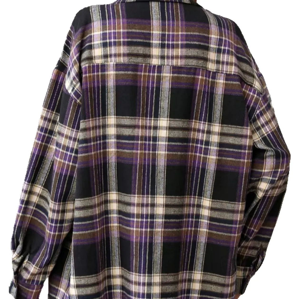 Women's loose fit retro plaid shirt in cotton, available in black, green, and purple with long sleeves