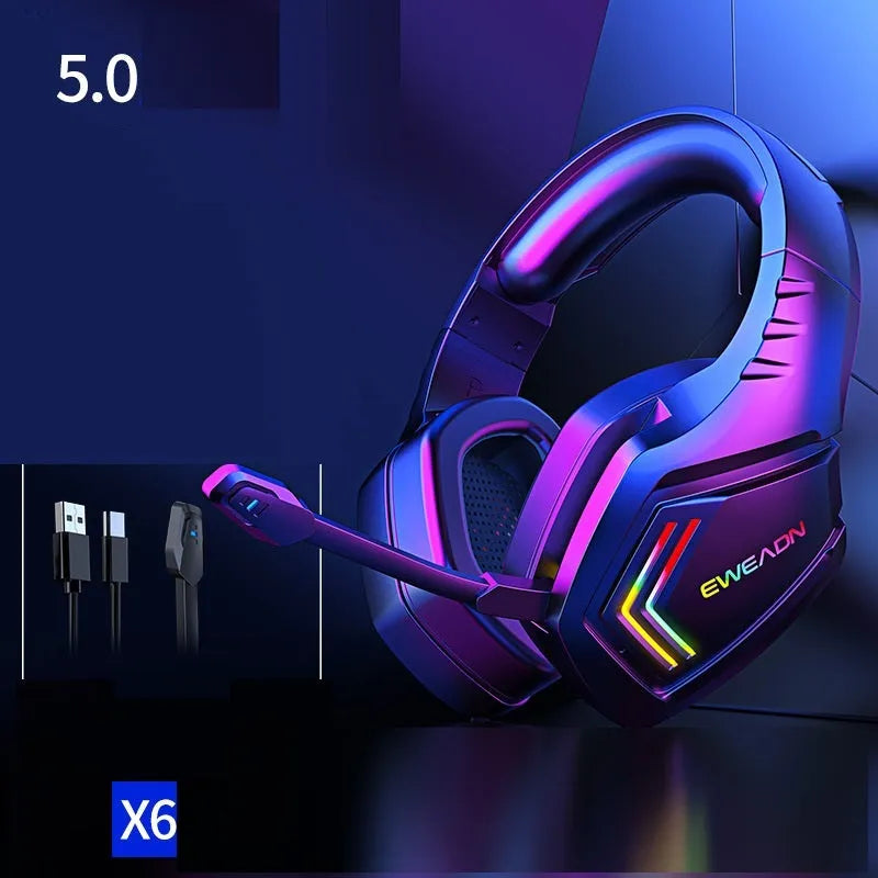 Black wireless Bluetooth headphones with RGB lighting effects and noise cancellation feature