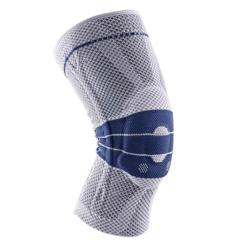 Adult sports knee pad in black and blue colour made from nylon and spandex material