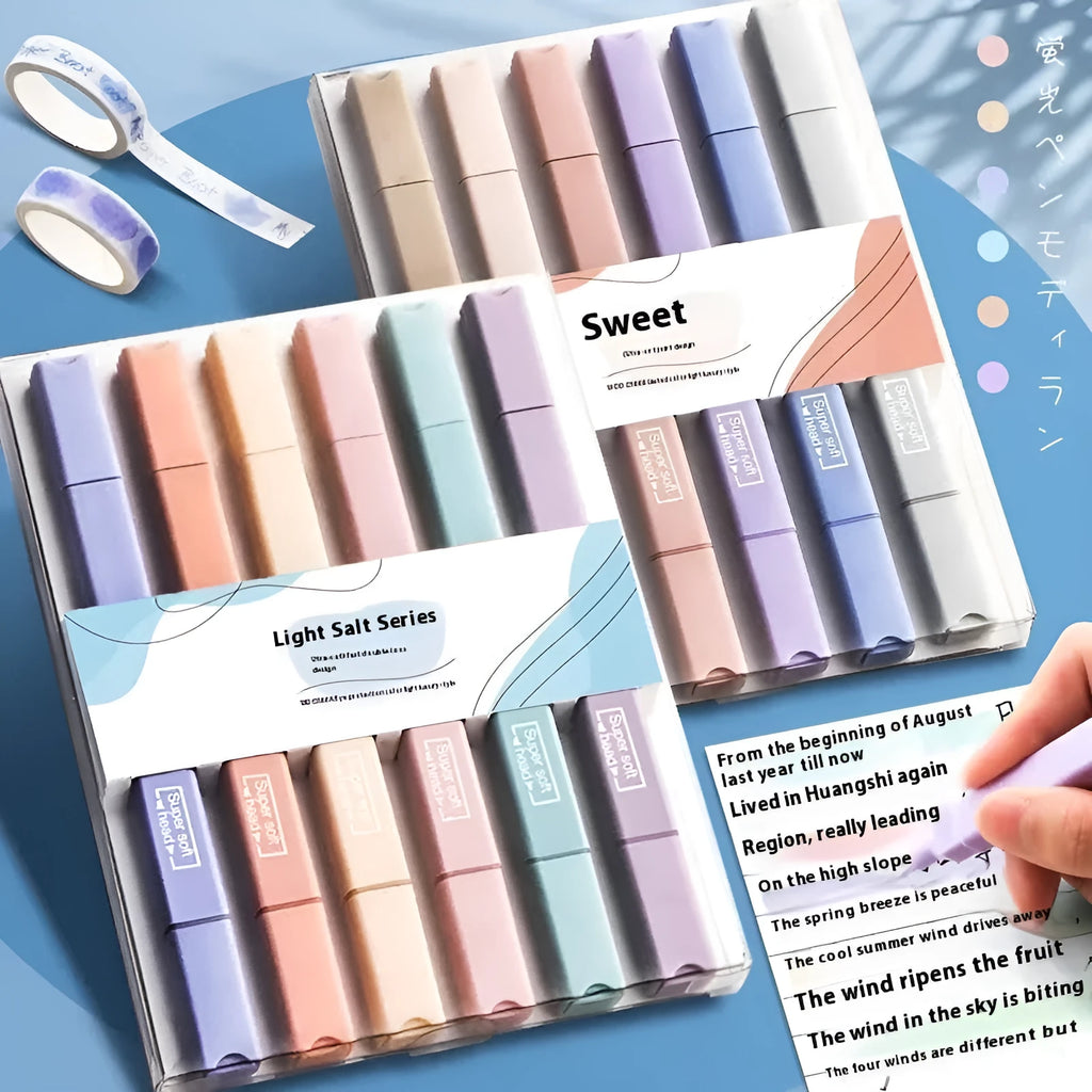 Set of double-headed fluorescent marker pens in Salt series, Sweet series, and mixed colours.