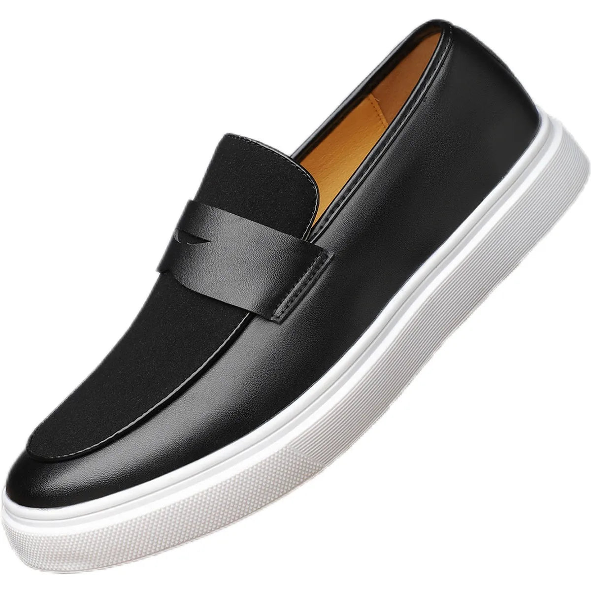 Black men's British-style slip-on casual shoes with a round toe and tassel detail on the upper.