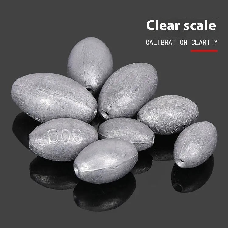 Rugby-shaped sea fishing lead sinker with plastic core in various weights from 10g to 150g
