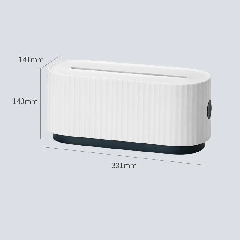 Blue and white power strip storage box with lid open showing cable holes and phone slot.