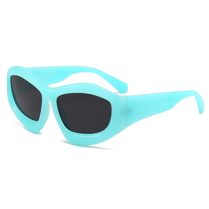Concave shape sunglasses with bubble lens in multiple colour combinations including black, blue, red and yellow.