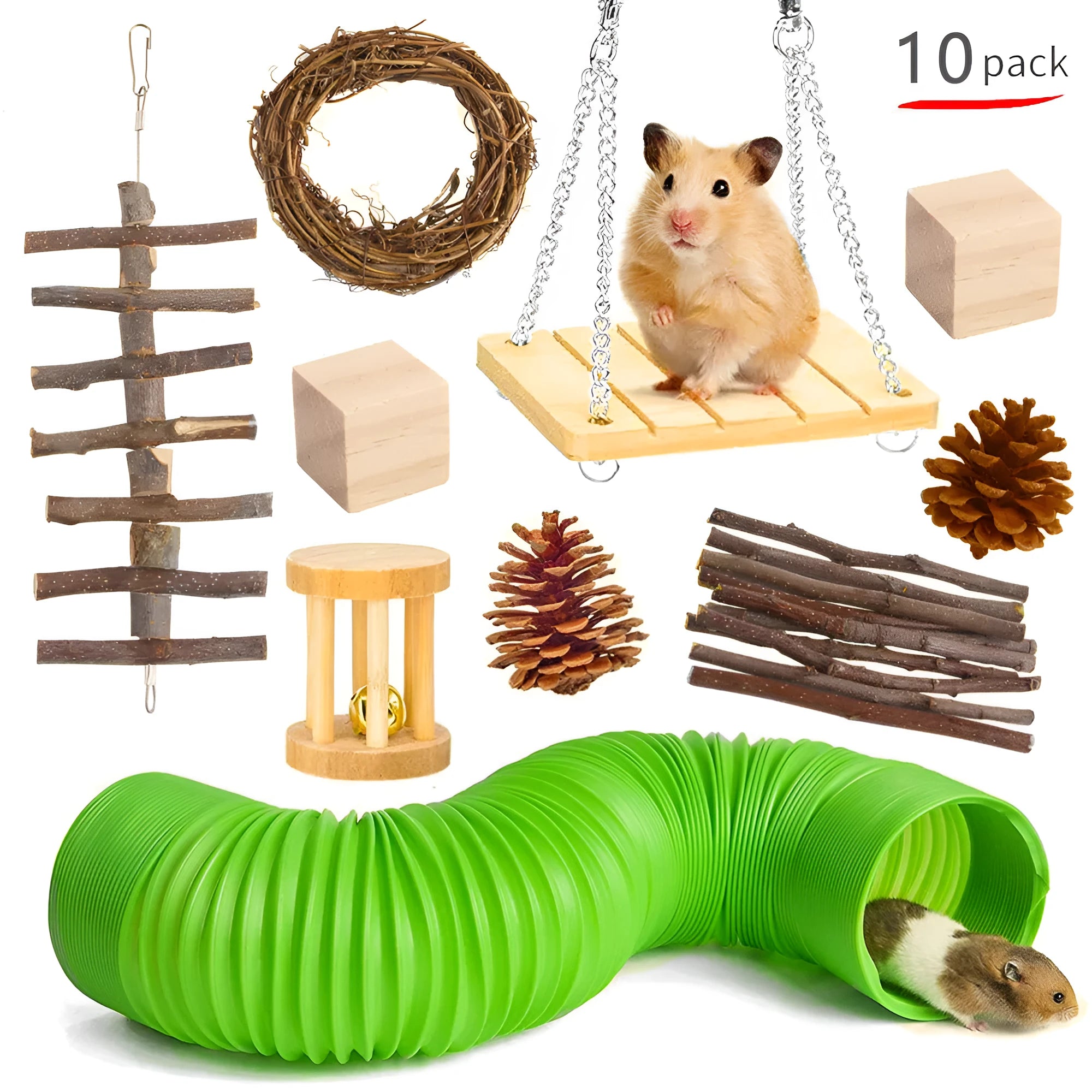 Assortment of wooden chew toys for small pets including straw mats and woven balls.