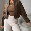 Women's brown polyester short coat with lantern sleeves and off-shoulder round neck design