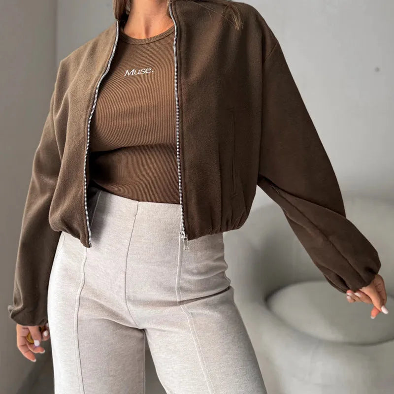 Women's brown polyester short coat with lantern sleeves and off-shoulder round neck design