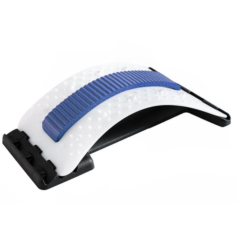 Adjustable back stretcher and waist massager with multiple massage heads in selectable colours.