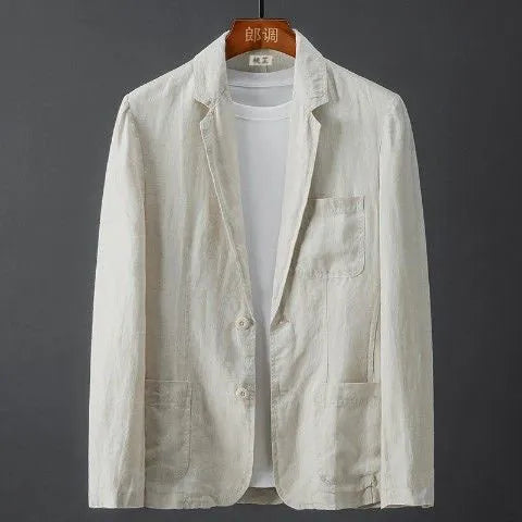 Men's slim fit linen-style coat in a solid colour with nine-point sleeves